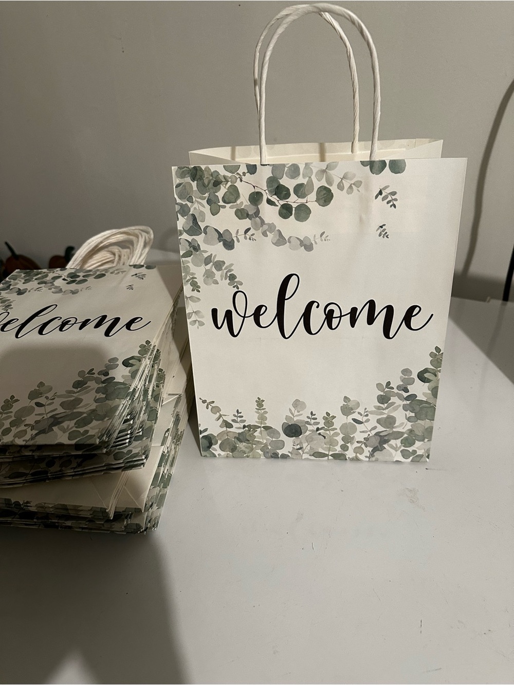 Welcome Eucalyptus Gift Bags - White and Green Party Favor Bags 40 ct